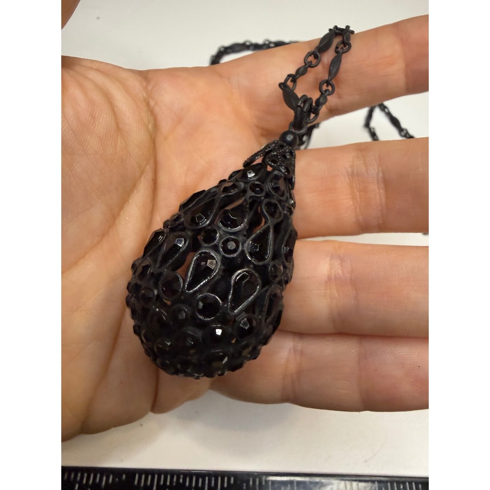 Sequin NYC Matte Black Filigree Teardrop Pendant Necklace Gothic Crystal 30 In